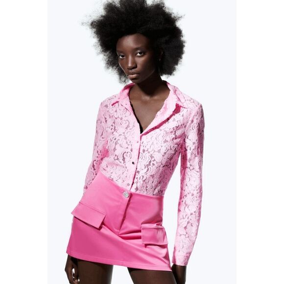 NWT ZARA FLAP TRIM MINI SKIRT BARBIE PINK JEWEL BUTTON EMBELLISHED RHINESTONE SZ - Picture 11 of 12